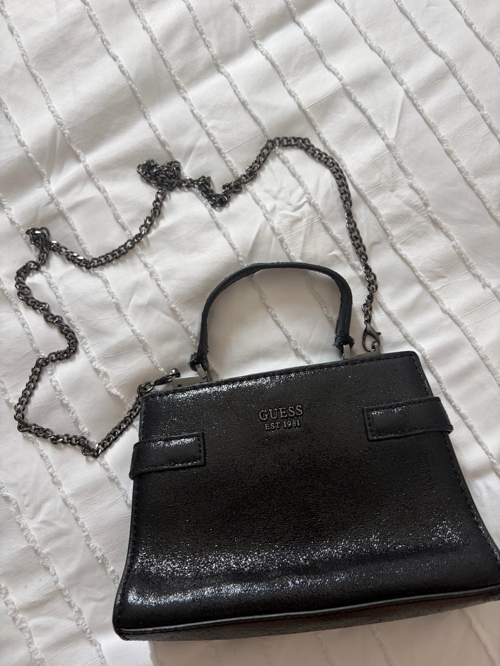 GUESS Black Patent Mini Satchel with Chain Strap
